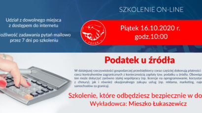 Szkolenie on-line:  Podatek u źródła. Piątek 16.10.2020 r., godz.10:00